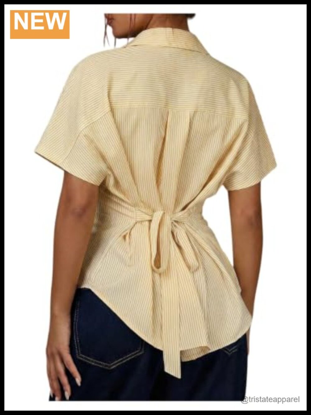 Women's Tie Waist Striped Button Down Blouse Short Sleeve Collared Top